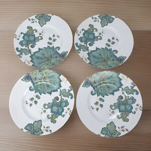 222 Fifth Eliza Teal 8.5" Appetizer Plate Set of 4 Floral Porcelain Gold Rim EUC